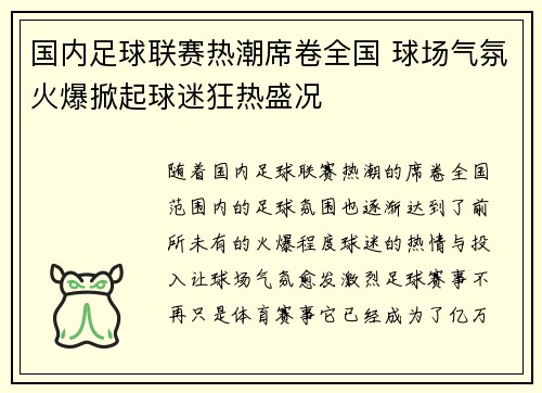 国内足球联赛热潮席卷全国 球场气氛火爆掀起球迷狂热盛况