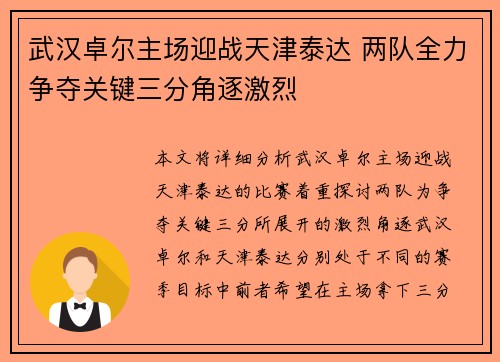 武汉卓尔主场迎战天津泰达 两队全力争夺关键三分角逐激烈