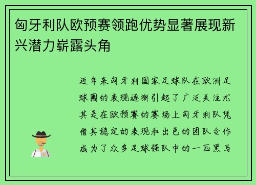 匈牙利队欧预赛领跑优势显著展现新兴潜力崭露头角